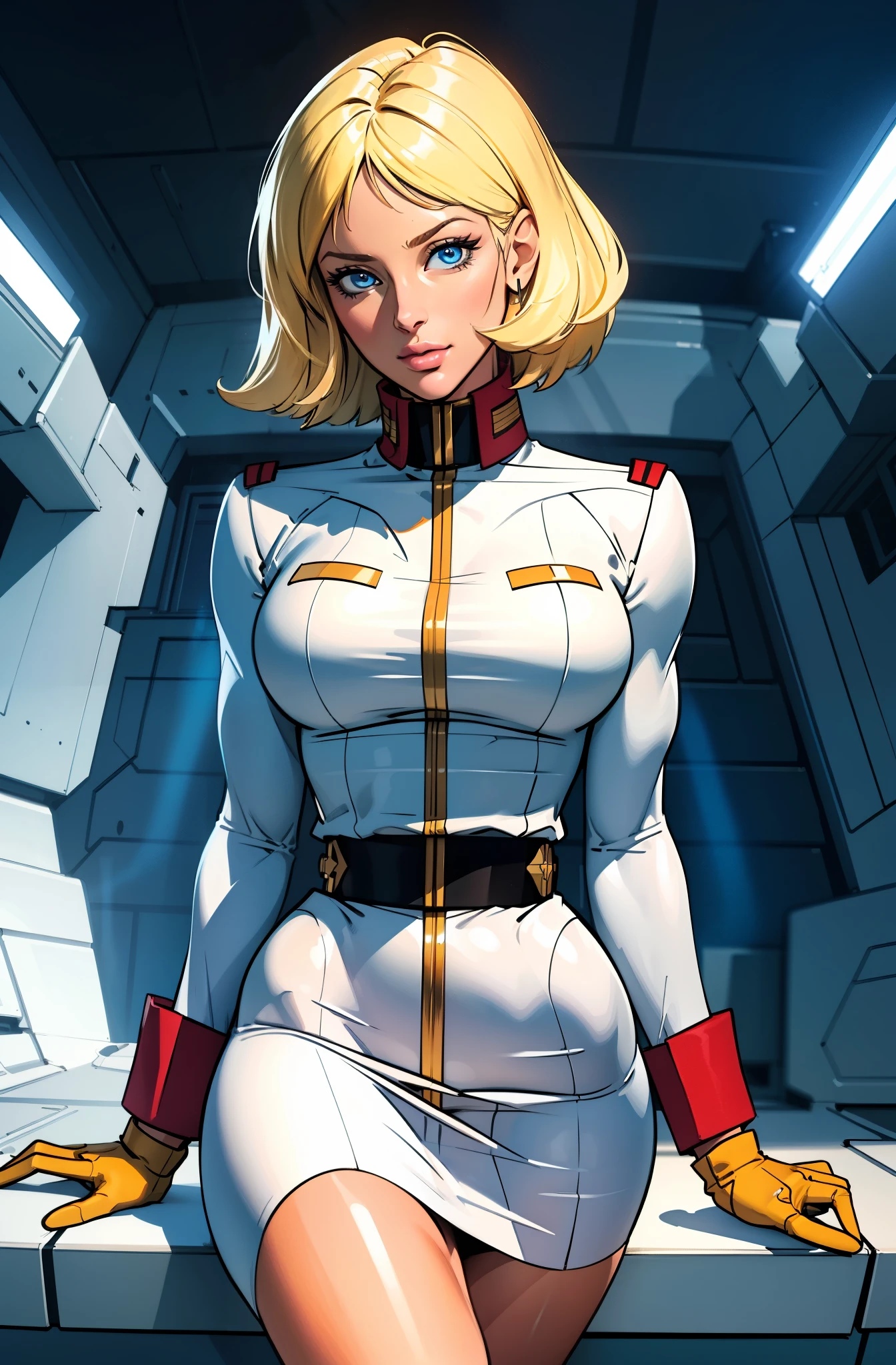 ((masterpiece)), ((cinematic lighting)), realistic photo、Real Images、Top image quality、1girl in, sayla mass, Elegant, masterpiece, Convoluted,Ultra lim arms, wide hips, thick thighs, Best Quality, absurderes, high face detail, Perfect eyes, mature, Cowboy Shot, , Vibrant colors, White uniform, Skirt,