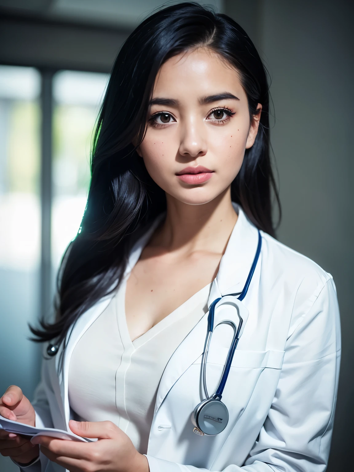 1girl, Photorealistic beautiful doctor、stunningly beautiful、doctors white coat, Collared shirt、(top-quality、8K、32K、​masterpiece)、A high resolution, (Photorealsitic:1.4),Raw photography, Detailed face,Beautiful hair, ((Doctor Style)), , Black tight skirt、 Natural makeup, inside hospital, Detailed background, Perfect Lighting, depth of fields, Beautiful shadow gradient,stethoscope ,, ThaifaceMIXX