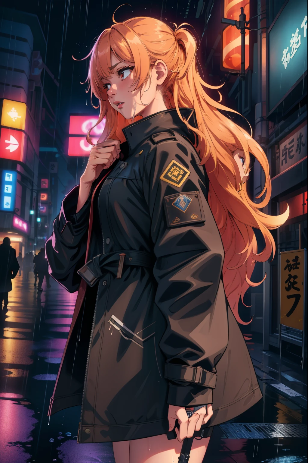 (extremely detailed CG unity 4k wallpaper),(masterpiece),(best quality),(ultra-detailed),(best illustration),(best shadow),(absurdres),(Detailed background), Woman, Long hair, Neon lights Tokyo, Night, Raining, Wet, Tired expression, Trench coat, Side shot,