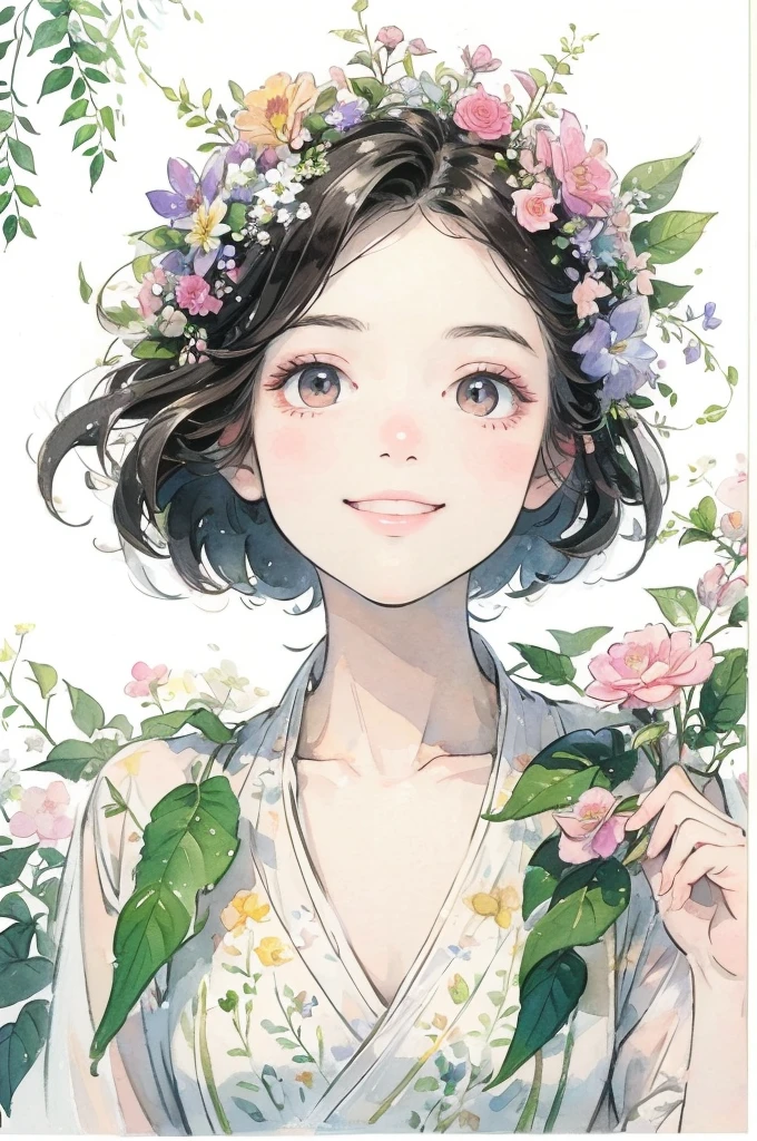 (masterpiece、highest quality、highest quality、Beautiful and beautiful:1.2)、Good anatomy、（Watercolor 1.5）、Composition looking up from a low position、Drawing of a girl with straight short hair、Beautiful smile、Flower Fairy、pure、Charm、looking at the camera、Flowers and leaves、Botanical Art