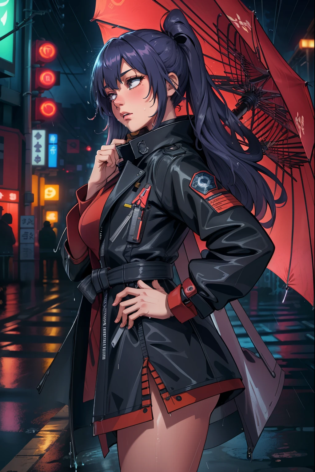 (extremely detailed CG unity 4k wallpaper),(masterpiece),(best quality),(ultra-detailed),(best illustration),(best shadow),(absurdres),(Detailed background), Woman, Long hair, Neon lights Tokyo, Night, Raining, Wet, Tired expression, Trench coat, Side shot,