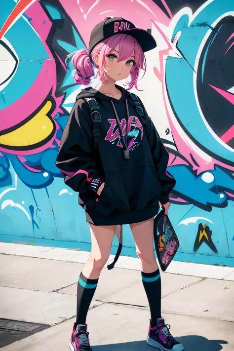 animated girl in a skate Park,girl is  skateboarding, girl wearing sexy street clothes, sexy girl, rainbow hairs, seductive animated girl, sexy, graffitis best rated on pixiv, Tendances sur ArtStation pixiv, Anya de la famille Spy X, avec un miroir, female...