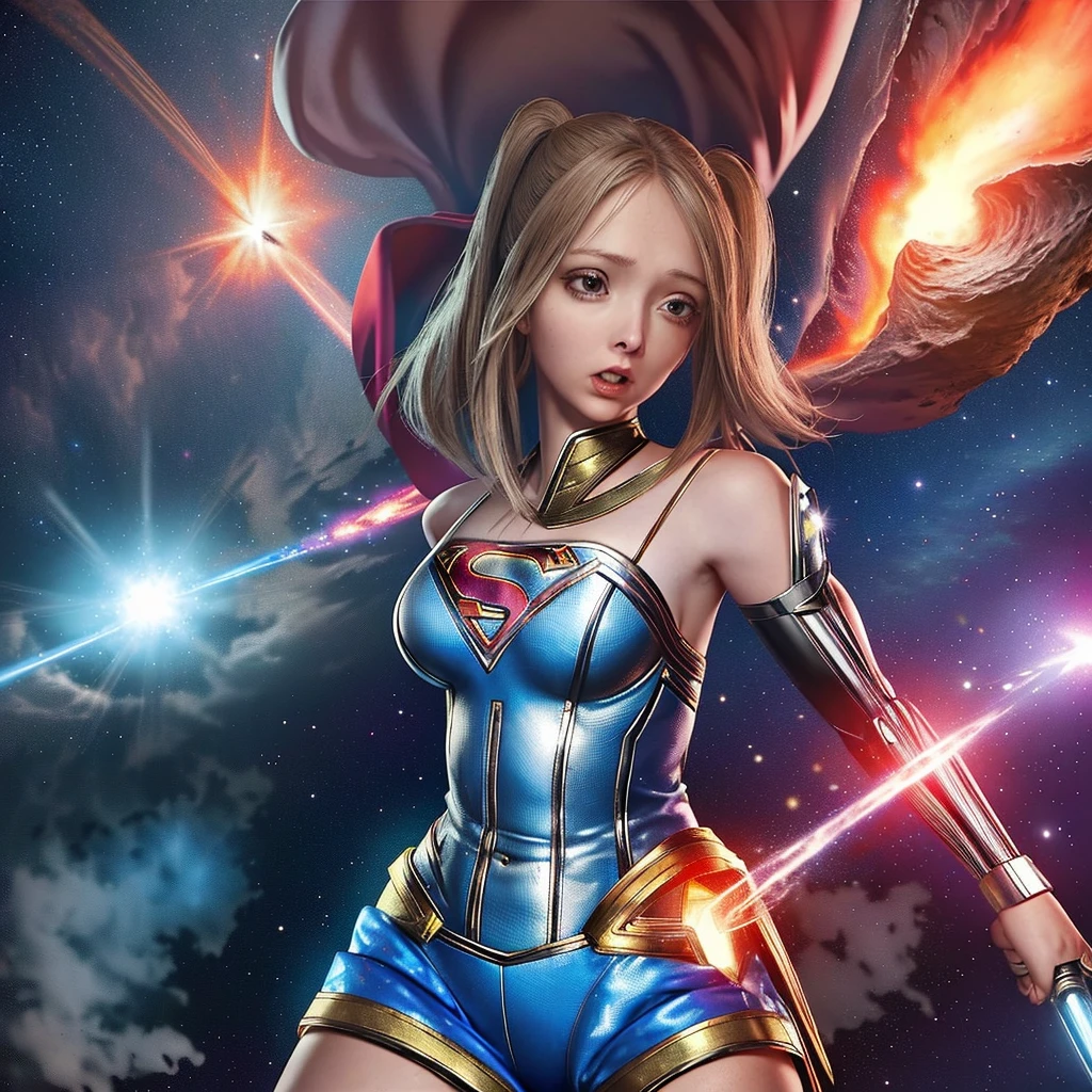 Supergirl est très contrariée. Son uniforme est en lambeaux et en haillons, elle se trouve dans un cratère fumant. Elle est très offensée et choquée. Un gorille robot extraterrestre lui a tiré dessus avec une roquette