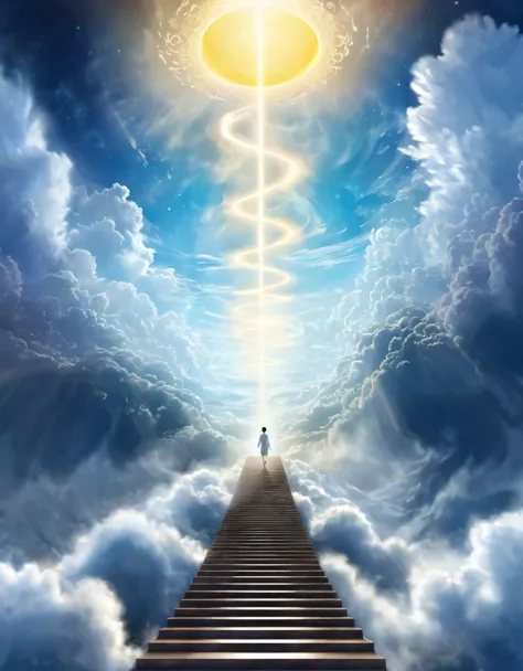 Digital illustration of a figure ascending a staircase of clouds towards a glowing celestial portal, representing the journey to...