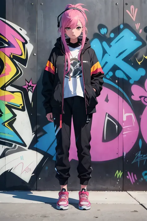 animated girl in a skate Park,girl is  skateboarding, skateboard girl, girl wearing sexy street clothes, sexy girl, rainbow hairs, seductive animated girl, sexy, graffitis best rated on pixiv, Tendances sur ArtStation pixiv, Anya de la famille Spy X, avec ...