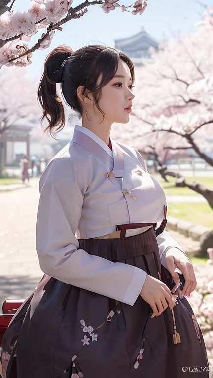 (best quality, 8k, masterpiece: 1.3), ink painting style ((((((extremely giant breasts: 0.8))))), single ponytail, (beautiful face:1.3), Cherry blossoms are in full bloom, full of cherry blossoms, Floating cherry petals, Gorgeous, authentic Korean hanbok