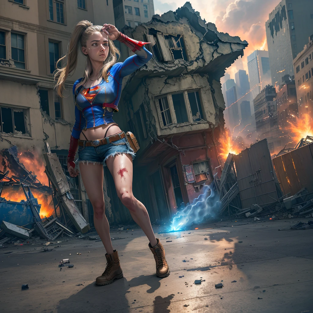 Supergirl,annoyed,very offended,shocked,tattered uniform,ragged uniform,smoking crater,alien robot gorilla,rocket shot,chaotic scene,damaged surroundings,broken buildings,debris,smoke,bright colors,comic book style,heroic pose,strong muscles,fiery explosion,superpowers unleashed,powerful impact,intense energy,superhero costume,flying in the air,cityscape,crowd gathered,admiring fans,impressive backdrop,brooding atmosphere,ominous lighting,vibrant colors,action-packed scene,battlefield,high-intensity conflict,defiance,resolve,victory,defeating the enemy,emotional intensity,street-level perspective,heightened drama,commanding presence,expression of determination,heroic spirit,unwavering courage,brave face,heroism shining through,embodying strength and justice,inspiring hope and admiration,larger-than-life,unstoppable force,unyielding resilience.