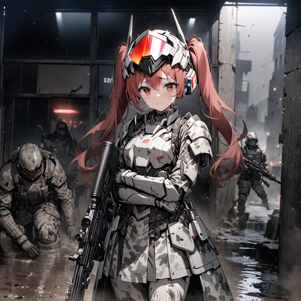 High quality, high definition, hig
h precision images,8k 1Girl Robot Girl、red hair,Twin tails,Red eyes、 ,( white and gray camouflage clothing ),,she wearing flashy robot armor.Holding a urban camouflage long range rifle,A robot-like helmet on the head,Scouter in one eye,The scouter is glowing,night、 The armor is covered in mud and scratches.hugging a soldier,Behind the building,close your eyes Are crying,cowboy shot

