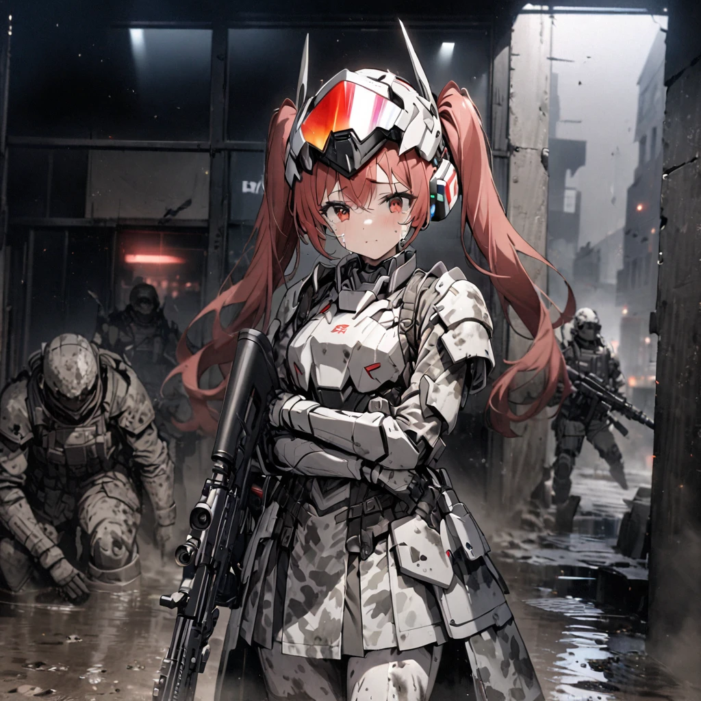 Haute qualité, Haute définition, images de haute précision,8k 1fille robot fille、cheveux roux,Queues jumelles,les yeux rouges、 ,( Vêtements de camouflage blancs et gris ),,elle porte une armure de robot flashy.Tenant un fusil à longue portée de camouflage urbain,un casque de type robot sur la tête,Scouteur dans un œil,Le scouter brille,nuit、 L&#39;armure est couverte de boue et de rayures.embrasser un soldat,derrière le bâtiment,ferme les yeux, pleure,tir de cow-boy

