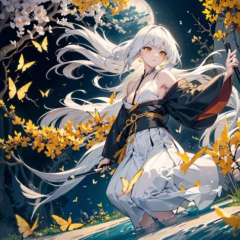 ((high resolution　White Hair　Long Hair　Black kimono　Black band　Military commander　Lonely　despair))　((Yellow butterfly　night　Japa...