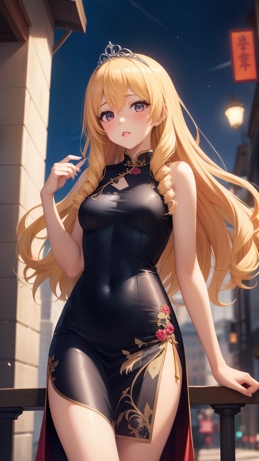 masterpiece, best quality, 1girl, very curly hair, blonde hair, shiny hair, tiara, diadem, medium breasts, glossy lips, good lighting, latifa fleuranza, city street, sleeveless cheongsam