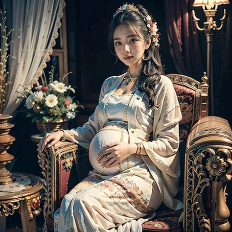 (pregnant woman, elegant, sitting on a comfortable armchair), (beautiful detailed eyes, gentle smile, motherly expression), (lon...