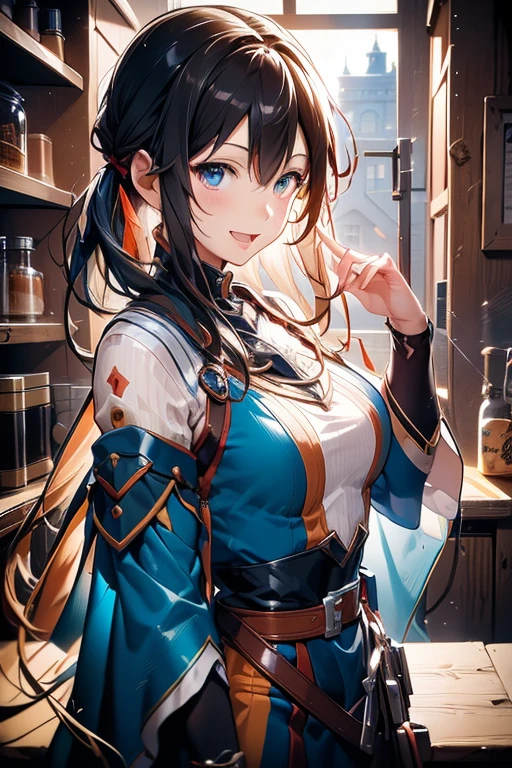 (fantasy:1.5),(anime,8k,masterpiece, top quality, best quality,beautiful and aesthetic:1.2,professional illustrasion:1.1,ultra detail:1.3,perfect lighting),extremely detailed,highest detailed,incredibly absurdres , highres, ultra detailed,intricate:1.6,(Alchemy Workshop:1.4),A girl mixing,Medicine in many small bottles,holding small potion,colorful:1.4,zentangle,(1girl),(girl),(Three kingdoms female warload),(highly detailed beautiful face and eyes,firm breasts),oily skin,((black,hair,short bob with short pony tail hair)),thin pubic hair,cute,lovely,34 years old,alchemist costume,Merchant's Clothing,smile,in the kitchen,smile,seductive weak smiling,(with sparkling eyes and a contagious smile),open mouth, Looking at Viewer,