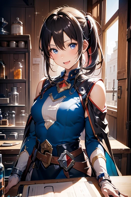 (fantasy:1.5),(anime,8k,masterpiece, top quality, best quality,beautiful and aesthetic:1.2,professional illustrasion:1.1,ultra detail:1.3,perfect lighting),extremely detailed,highest detailed,incredibly absurdres , highres, ultra detailed,intricate:1.6,(Alchemy Workshop:1.4),A girl mixing,Medicine in many small bottles,holding small potion,colorful:1.4,zentangle,(1girl),(girl),(Three kingdoms female warload),(highly detailed beautiful face and eyes,firm breasts),oily skin,((black,hair,short bob with short pony tail hair)),thin pubic hair,cute,lovely,34 years old,alchemist costume,Merchant's Clothing,smile,in the kitchen,smile,seductive weak smiling,(with sparkling eyes and a contagious smile),open mouth, Looking at Viewer,