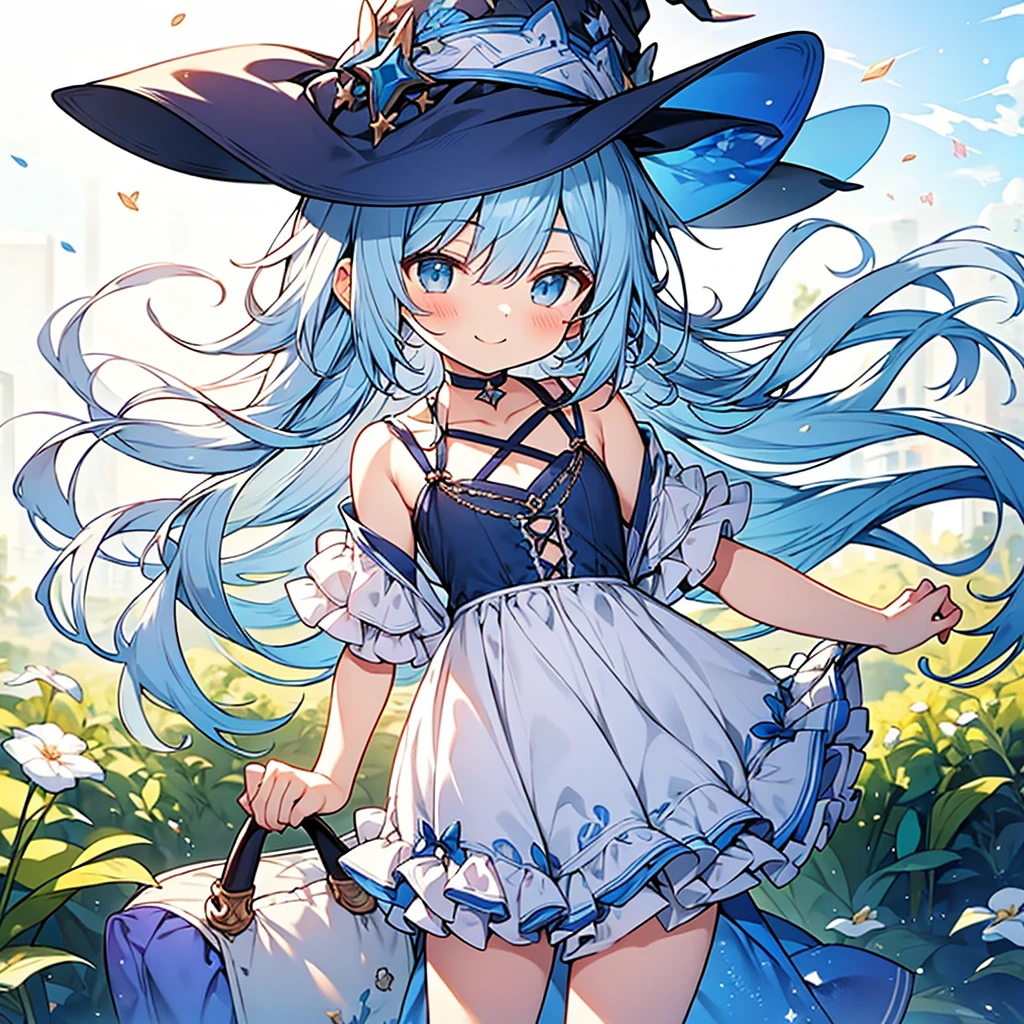 small shota,light blue hair,loose long hair,smile,summer style light blue witch clothes,
casual tops with (frilly hem),