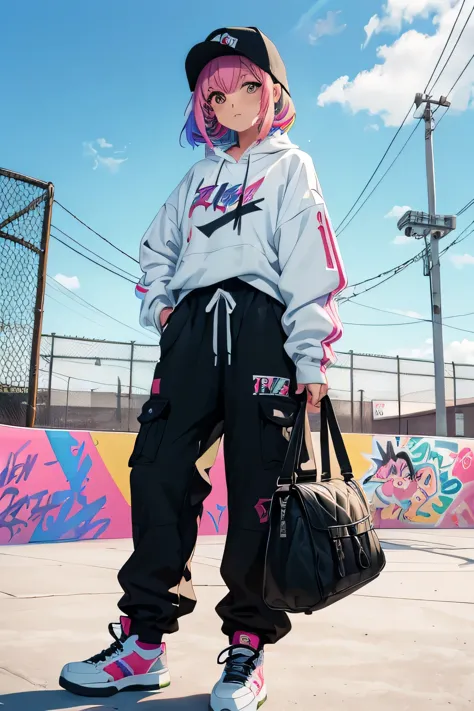 animated girl in a skate Park,girl is  skateboarding, girl with skateboard , girl wearing sexy street clothes, big baggy pants, sexy girl, rainbow hairs, seductive animated girl, sexy, graffitis best rated on pixiv, Tendances sur ArtStation pixiv, Anya de ...