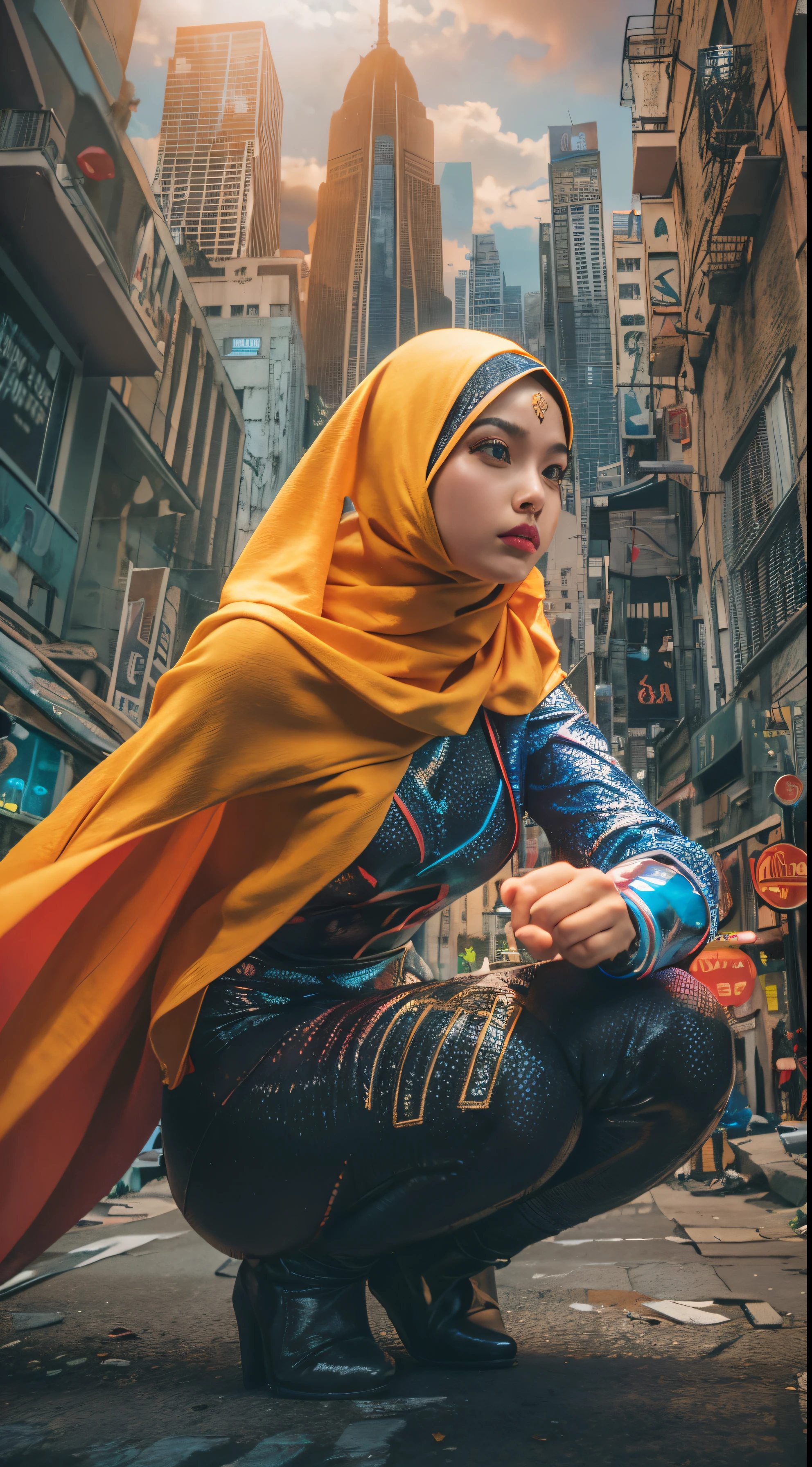 Crie uma manipulação fotográfica dinâmica e cheia de ação que lembra os filmes de super-heróis da Marvel. Mostre a garota malaia em hijab mostrando seus superpoderes únicos em uma paisagem urbana, cercado por cores vivas e efeitos de alta energia