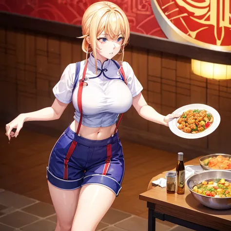 a blonde girl eating mapo tofu at a chinese restaurant　wearing sneakers　high leg shorts with suspenders　large breasts　showing he...