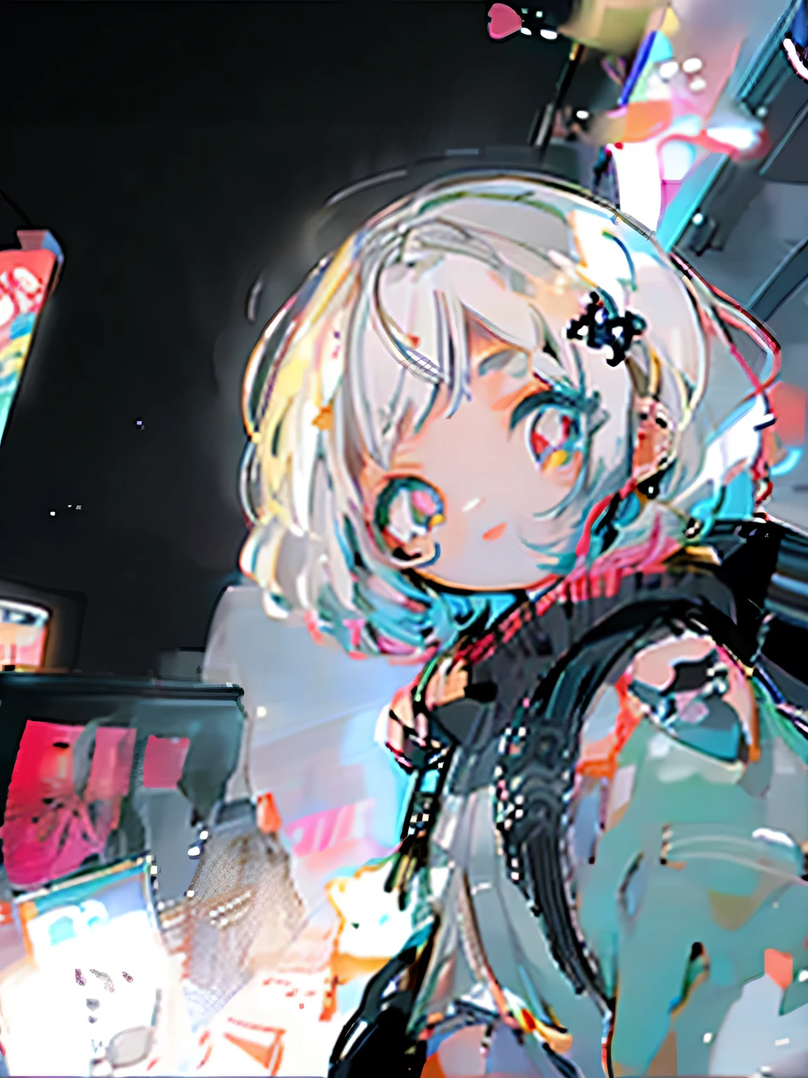 #quality(8k,best quality, masterpiece,super detailed),solo,#1 girl(qute,kawaii,small kid,,shot hair,hairbow,eye color is cosmic,big eyes,at noisy city,from below,pale skin,extremy white skin,glossy body,punk rock costume),#background(neon lights,outside,night)