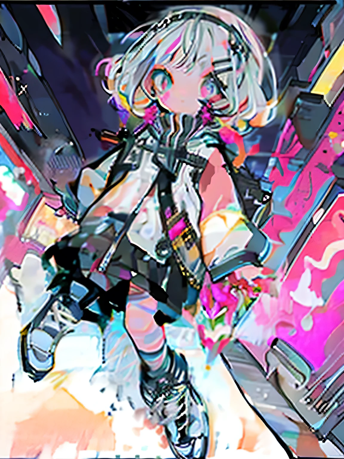 #quality(8k,best quality, masterpiece,super detailed),solo,#1 girl(qute,kawaii,small kid,,shot hair,hairbow,eye color is cosmic,big eyes,at noisy city,from below,pale skin,extremy white skin,glossy body,punk rock costume),#background(neon lights,outside,night)