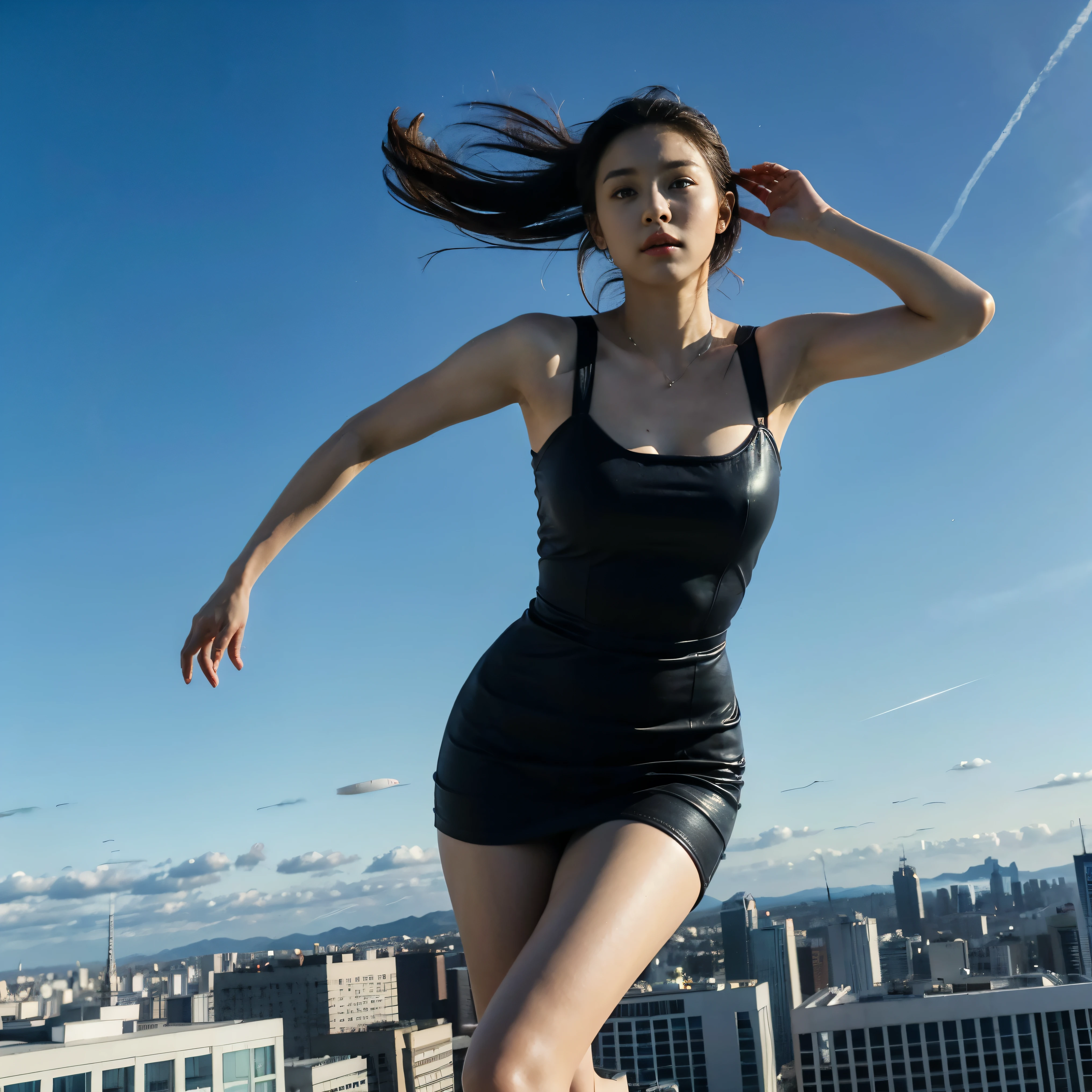 (best quality,4k,8k,highres,masterpiece:1.2),game character,one young and extremely beautiful female game character,powerful telekinetic abilities,dashing through the sky, soaring above the bustling city below her