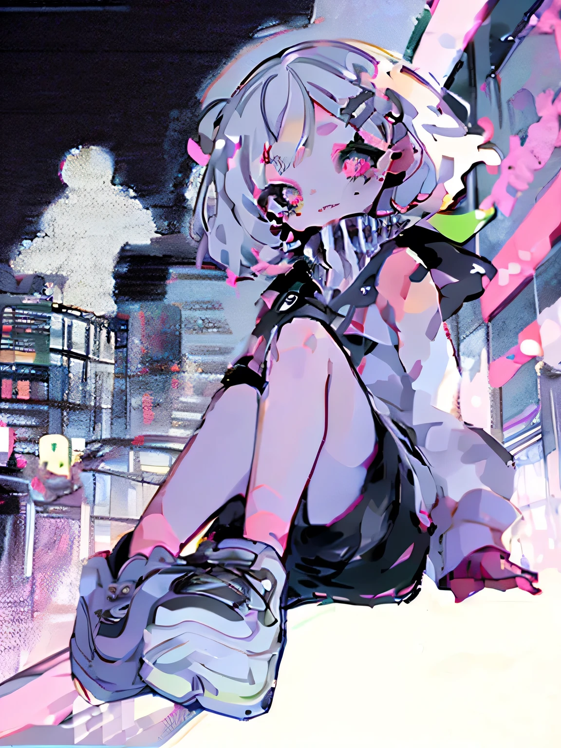 #quality(8k,best quality, masterpiece,super detailed),solo,#1 girl(qute,kawaii,small kid,,shot hair,hairbow,eye color is cosmic,big eyes,at noisy city,from below,pale skin,extremy white skin,glossy body,punk rock costume),#background(neon lights,outside,night)