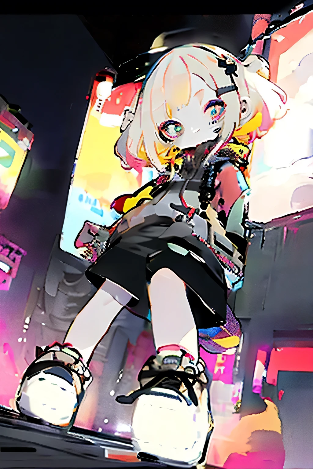 #quality(8k,best quality, masterpiece,super detailed),solo,#1 girl(qute,kawaii,small kid,,shot hair,hairbow,eye color is cosmic,big eyes,at noisy city,from below,pale skin,extremy white skin,glossy body,punk rock costume),#background(neon lights,outside,night)