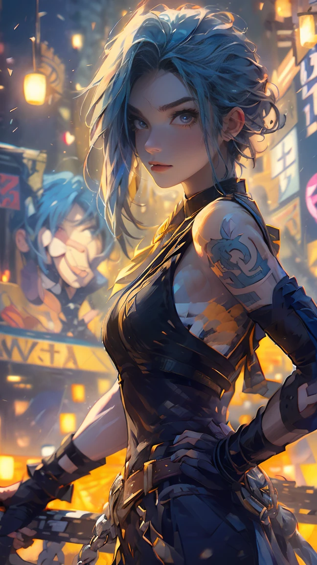 upper body, (masterpiece), detailed background, perfect lighting, 1girl, bangs, medium breasts, blouse, light blue hair, yellow eyes, city, urban, bokeh, depth of field, | wear black tie |,makima \(chainsaw man\),makima\(chainsaw man\),makimacsm,half body