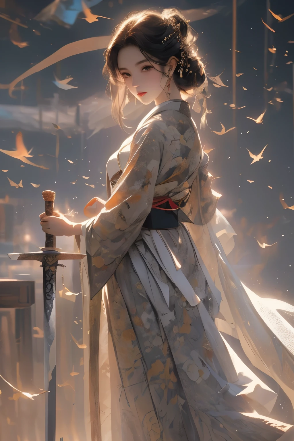 masterpiece, A high resolution, High detail face, ( Female swordsman wearing sword on side: 1.2), (Carrying a sword: 1.2), (Full body image), (Showing off her long white legs:1.4), (White horse-faced skirt Hanfu), Slim body, detailed jewellery, Cute face, Practical, Edge lighting, Two-color lighting, (High Detail Skin: 1.2), 8k, Ultra HD, Digital SLR Camera, soft light, Volumetric Light, high resolution, 8k, Background blur,