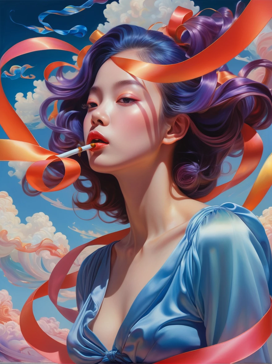 _James Jean, Floating female figure made of ribbon, smokes, in the sky, rich and colorful、Full of energy, Mysterious colors, Contemporary Impressionism, yanjun cheng portrait painting, iridescence painting, 3/4 Perspectives, Cute face, Low Angle, Sweeping the floor and circling the composition, large beautiful crystal eyes, Big Iris, Ultra HD, High Dynamic Range, 8k, (masterpiece:1. 5), (The most beautiful portraits in the world:1.5)