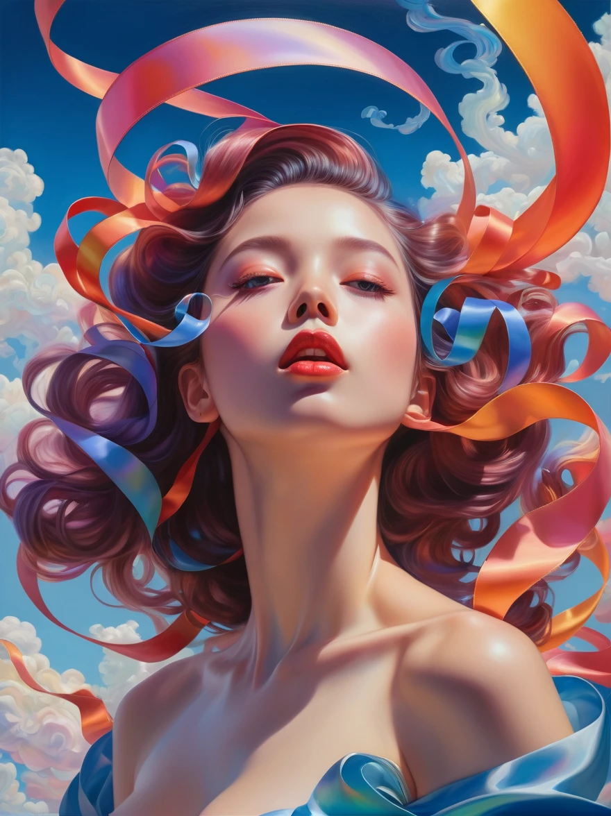 _James Jean, Floating female figure made of ribbon, smokes, in the sky, rich and colorful、Full of energy, Mysterious colors, Contemporary Impressionism, yanjun cheng portrait painting, iridescence painting, 3/4 Perspectives, Cute face, Low Angle, Sweeping the floor and circling the composition, large beautiful crystal eyes, Big Iris, Ultra HD, High Dynamic Range, 8k, (masterpiece:1. 5), (The most beautiful portraits in the world:1.5)