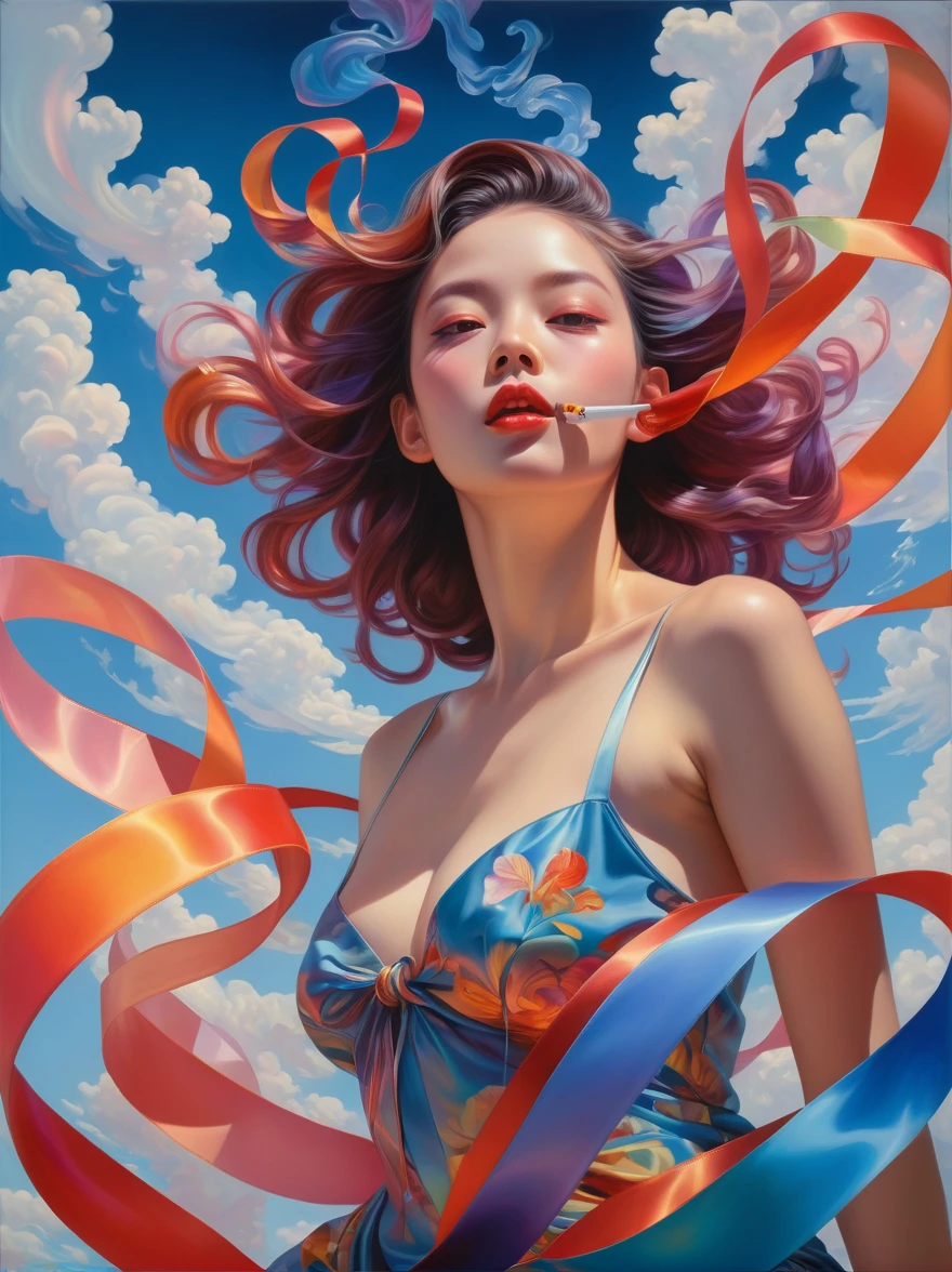 _James Jean, Floating female figure made of ribbon, smokes, in the sky, rich and colorful、Full of energy, Mysterious colors, Contemporary Impressionism, yanjun cheng portrait painting, iridescence painting, 3/4 Perspectives, Cute face, Low Angle, Sweeping the floor and circling the composition, large beautiful crystal eyes, Big Iris, Ultra HD, High Dynamic Range, 8k, (masterpiece:1. 5), (The most beautiful portraits in the world:1.5)