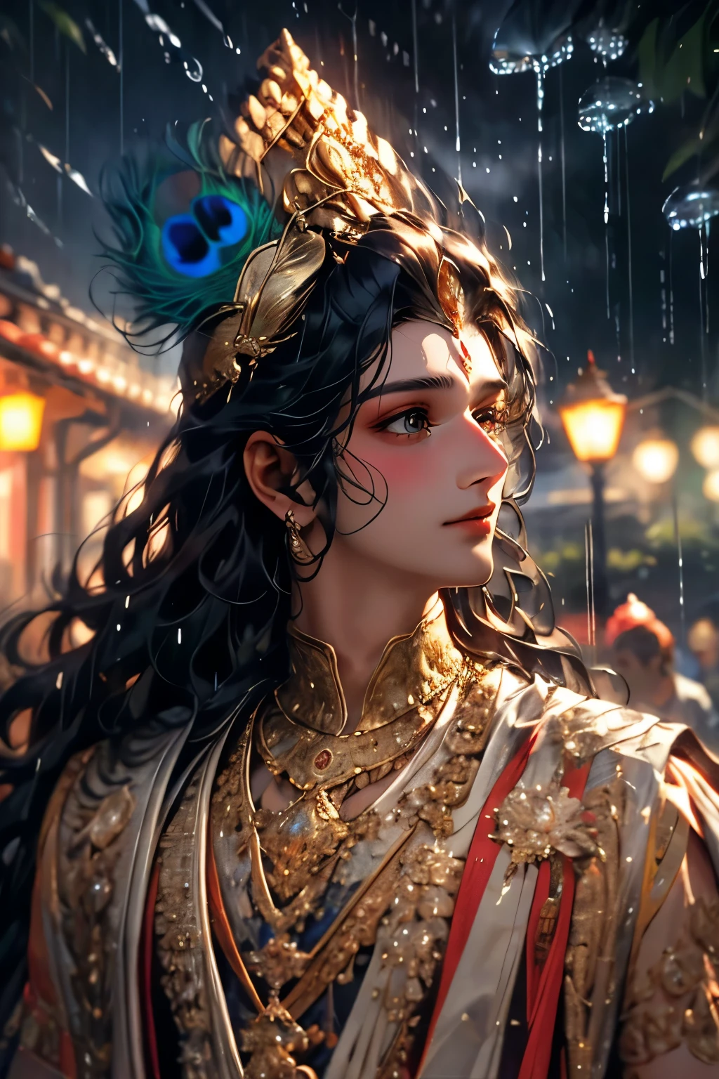 a close up picture of Lord Krishna's face looking towards the sky, as he looks up the (rain drops: 1.3) fall on his face, a very beautiful man, long hair, black hair, wavy hair, peacock feathers, (elegant make up: 1.3) wet hair, beautiful eyes opened,looking at the viwer, he wears an elegant, intricate dress, there is a sense of joy on his face, a royal street at night. cloudy night, black horns, breathtaking photo