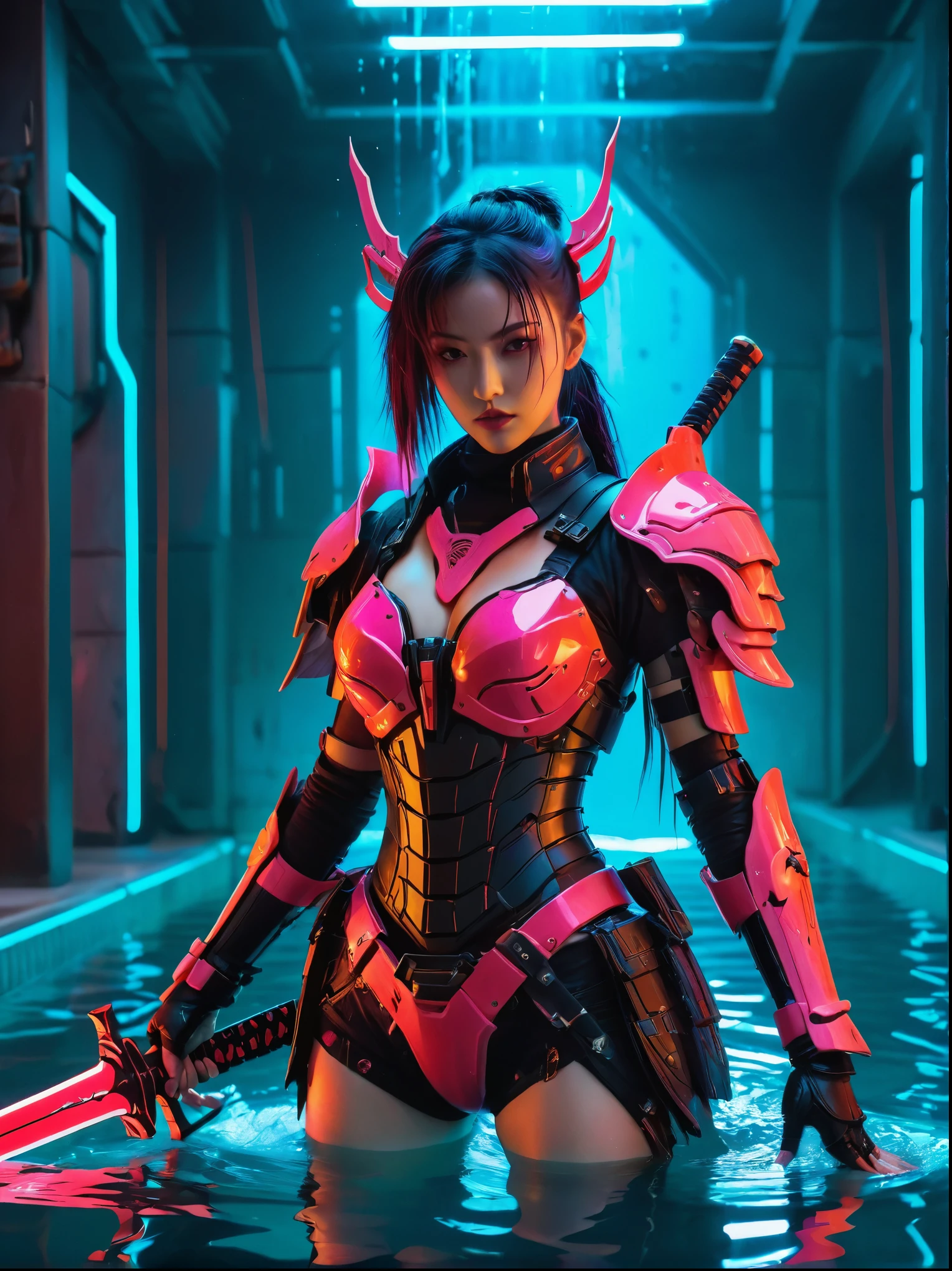 Cyberpunk helllady warrior in neon mecha armor，female swordsman Holding a sword in a pool of blood，solo，1sword，Luminescence&#39;s light eyes，Devil&#39;s Wings，Wide-angle lens，biology，weird，Creepy，nightmarish，Very bright neon colors，Light Particles，Luminescence，Best Photo of the Year Winner，the world on fire，Post-apocalyptic hellscape，Military photography，Epic Photo of the Yeare on the horizon，Epic movie shots，Pure form，Intricate details，8k，Post-production，high resolution，Super Detail，anatomical correct:2
