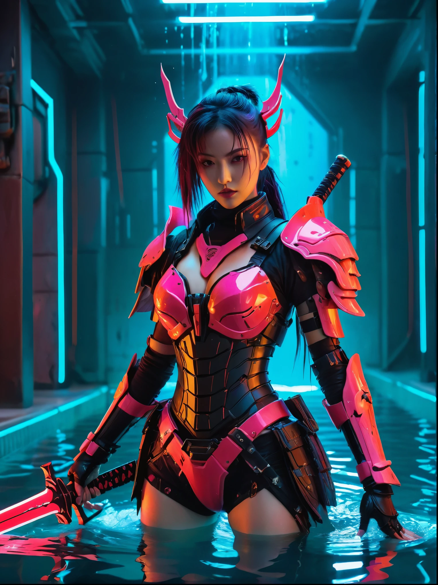 Cyberpunk helllady guerrera con armadura mecha de neón，Espadachín femenino sosteniendo una espada en un charco de sangre，solo，1 espada，luminiscencia&#39;s ojos claros，demonio&#39;alas，Lente gran angular，biología，extraño，Espeluznante，de pesadilla，Colores neón muy brillantes.，partículas de luz，luminiscencia，Ganador de la mejor foto del año，el mundo en llamas，infierno post-apocalíptico，Fotografía militar，Foto épica del añoe en el horizonte，Tomas de película épicas，forma pura，detalles intrincados，8K，Post-producción，Alta resolución，Súper detalle，Anatómicamente correcta:2