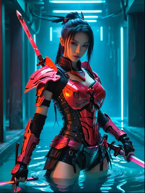 Cyberpunk helllady warrior in neon mecha armor，female swordsman Holding a sword in a pool of blood，solo，1sword，Luminescence&#39;...