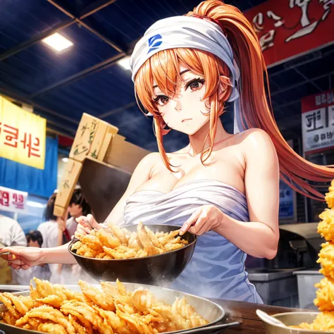 a woman with a towel wrapped around her head making a large amount of tempura at a korean night market　highest quality