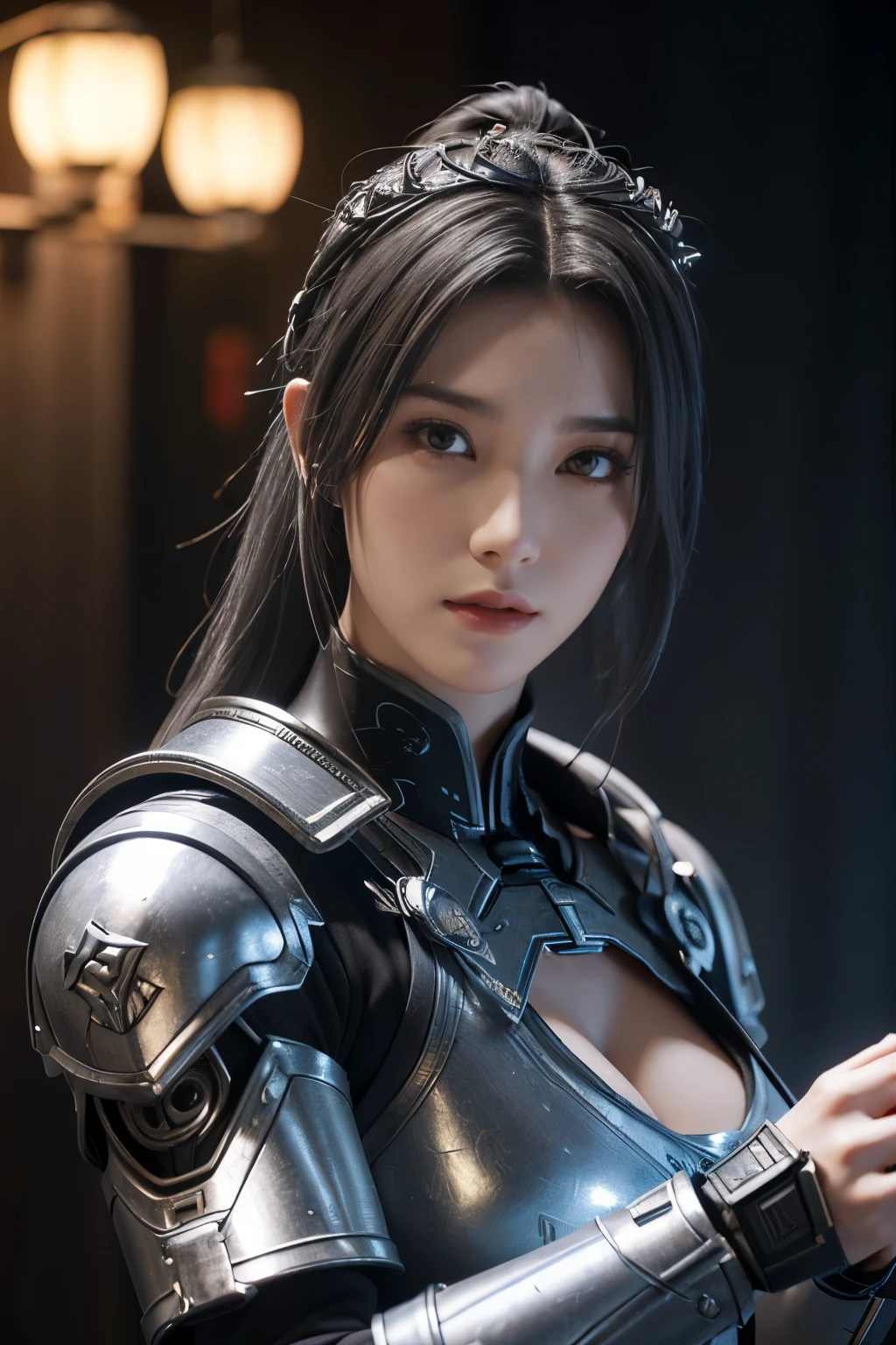 傑作,ゲームアート,最高の画質,最高解像度,8k,(肖像画),Unreal Engine 5のレンダリング作業,(デジタル写真),((肖像画 Feature:1.5)),
20歳の少女,ショートヘアの詳細,長い前髪,(赤いアイメイクはとても丁寧です),(長い白髪の:1.4),(大きい, 豊かな胸),優雅で高貴な,勇敢で魅力的,
(古代中国の鎧の特徴と融合した未来の鎧,中空デザイン,パワーアーマー,神秘的な東洋のルーン文字,繊細なドレスのパターン,魔法のひらめき),未来の戦士,サイバーパンクのフィギュア,戦争の背景,
映画照明，レイトレーシング，ゲームCG，((3D アンリアルエンジン))，OCレンダリング反射パターン