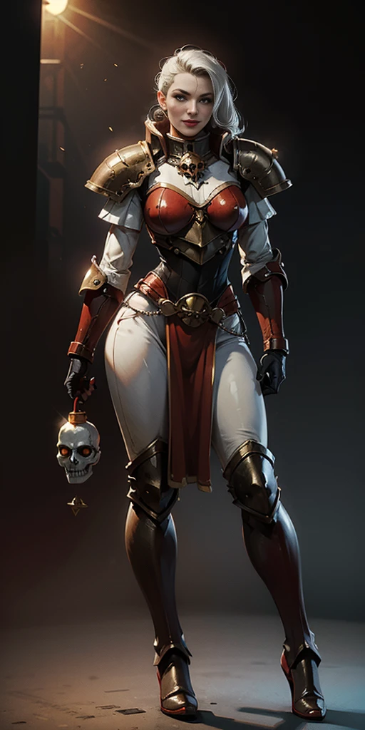 (masterpiece, best quality, 4k, 1girlsolo, 1MILF, mmplatz, smile, red cheeks, plain background:1.2) perfect face, perfect lighting, mature whsororitas with gloves red gauntlets in her hands like Cammy White from Street Fighter, bob white hair, warhammer 40k power armor suit with loincloth, red eyes like rubies, full body RED armor, view from below, looking to the viewer, arms to the sides empty hands, RED military boots, silver skull ornament attached to crossing 2 belt wide hips, 2 long legs