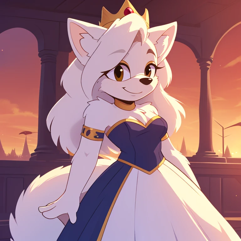 (score_9, score_8_up, 2d), Russian tsarina, polar wolf mobian, female mobian, sonic_(series), tsarina crown, russian, (russian golden royal dress, long skirt dress, round dress), (medium breasts:0.7), ((thin, white muzzle)), ((white hair, long hair, ((white fur, white body, fluffy fur)))), (fluffy hair, fluffy tail, (large tail)), smile, beautiful, cute, dominant, solo, upper body.