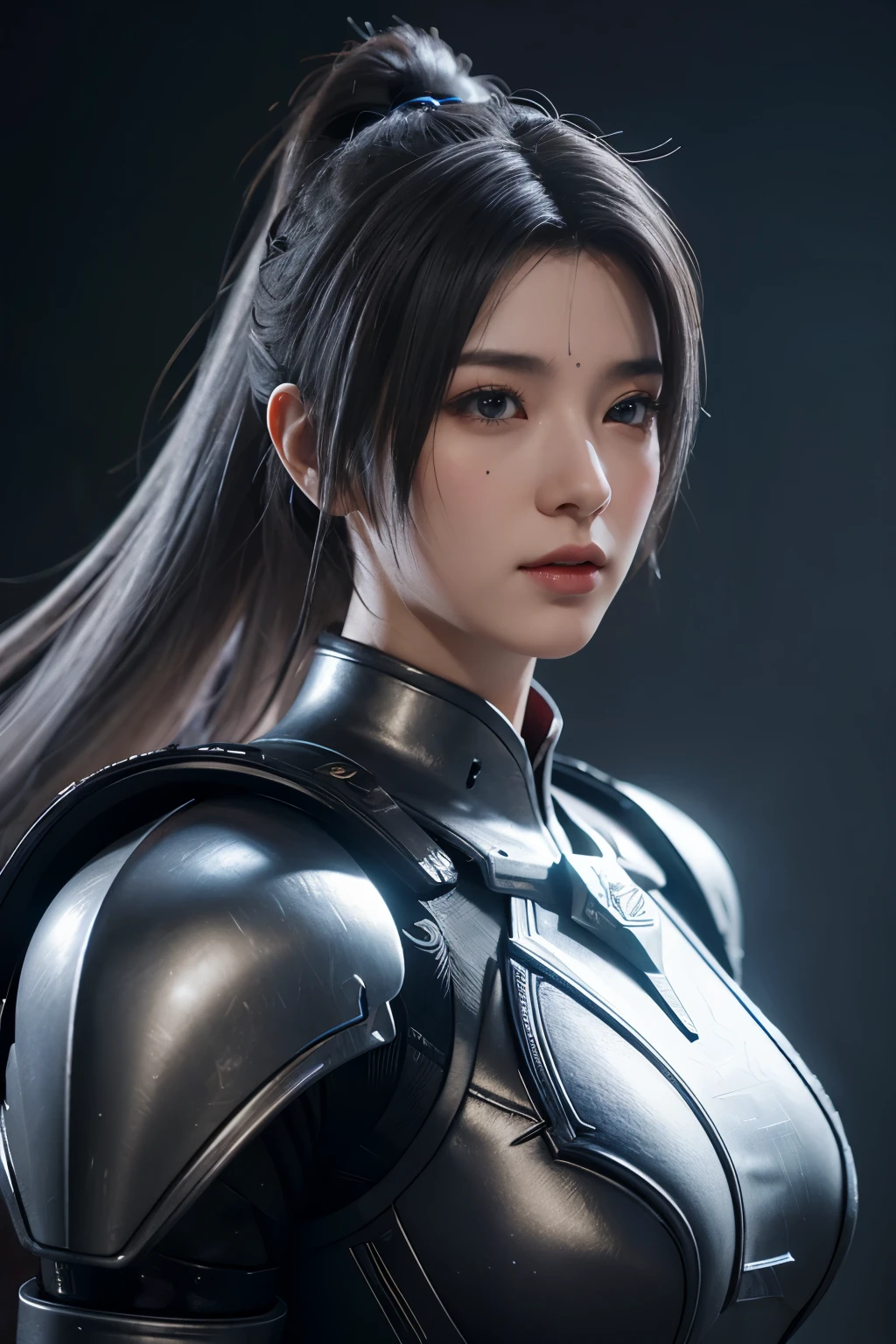 Masterpiece,Game art,The best picture quality,Highest resolution,8K,(Portrait),Unreal Engine 5 rendering works,(Digital Photography),((Portrait Feature:1.5)),
20 year old girl,Short hair details,With long bangs,(The red eye makeup is very meticulous),(With long gray hair:1.4),(Large, full breasts),Elegant and noble,Brave and charming,
(Future armor combined with the characteristics of ancient Chinese armor,Hollow design,Power Armor,The mysterious Eastern runes,A delicate dress pattern,A flash of magic),Warrior of the future,Cyberpunk figures,Background of war,
Movie lights，Ray tracing，Game CG，((3D Unreal Engine))，OC rendering reflection pattern