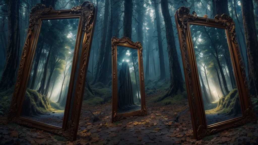 Un grand miroir dans une forêt sombre, le miroir montre un autre monde, le miroir a un cadre en bois avec des runes brillantes gravées dans le cadre,