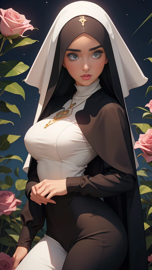 garota,, pequeno, Shy, bunda grande,   catholic nun outfit  , dynamic pose, Quente, soft or colored lips, fundo simples, perfect hands, anatomia perfeita, Inclina  Jennifer Connelly estilo Cartoon estilo illustration digital estilo GTA matadora de vampiro com uma bíblia na mão e uma estaca de madeira na outra realista, 1 garota, accent lighting, brilho, obra de arte, melhor qualidade, 1 garota, cabelo longo loiro ondulado, olhos azuis, equestrian uniform, (obra de arte:1.4), melhor qualidade, ((realista)), alta qualidade, ultra detalhado, (illustration:1.05), (lindo:1.05), (lindo detailed eyes:1.05), (Cinematic Light:1.1), corar, lua, noite, rosas, rosa pastel, Gothic Tetradic Colors, brilho, seios grandes, coxas grossas