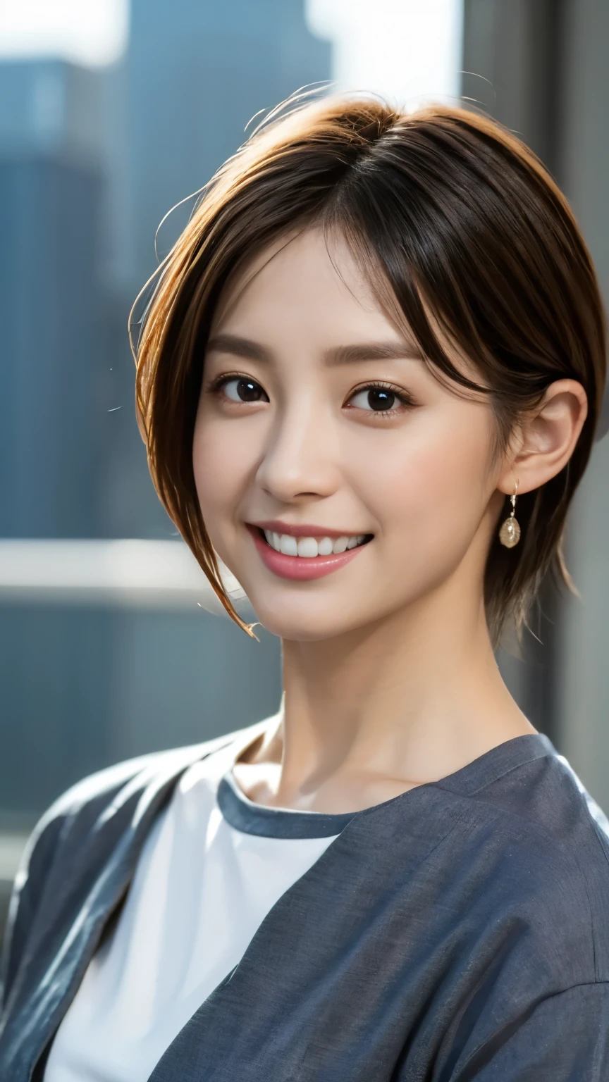 1 Female,Photorealistic,Highest quality,Ultra high definition,8K,Cool Beauty,Beauty,Perfect Style,shirt,Tight pants,Japanese,Upper body close-up,smile