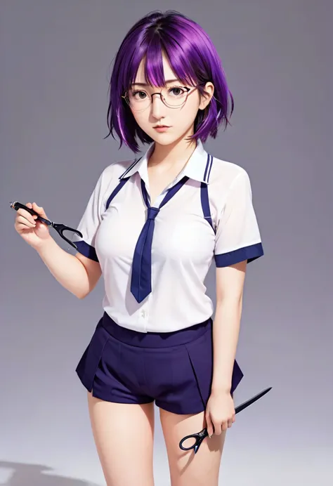 purple hair and glasses、anime characters holding scissors, marin kitagawa fanart, anime moe art style, cute girl anime visuals, ...