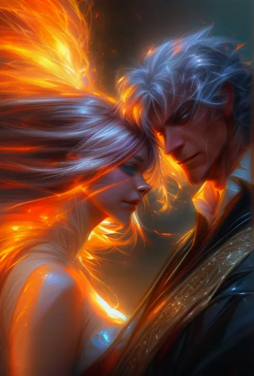 relief image of a white-haired man and woman in a fiery scene, romantic fantasy film, beautiful digital images, highly detailed ...