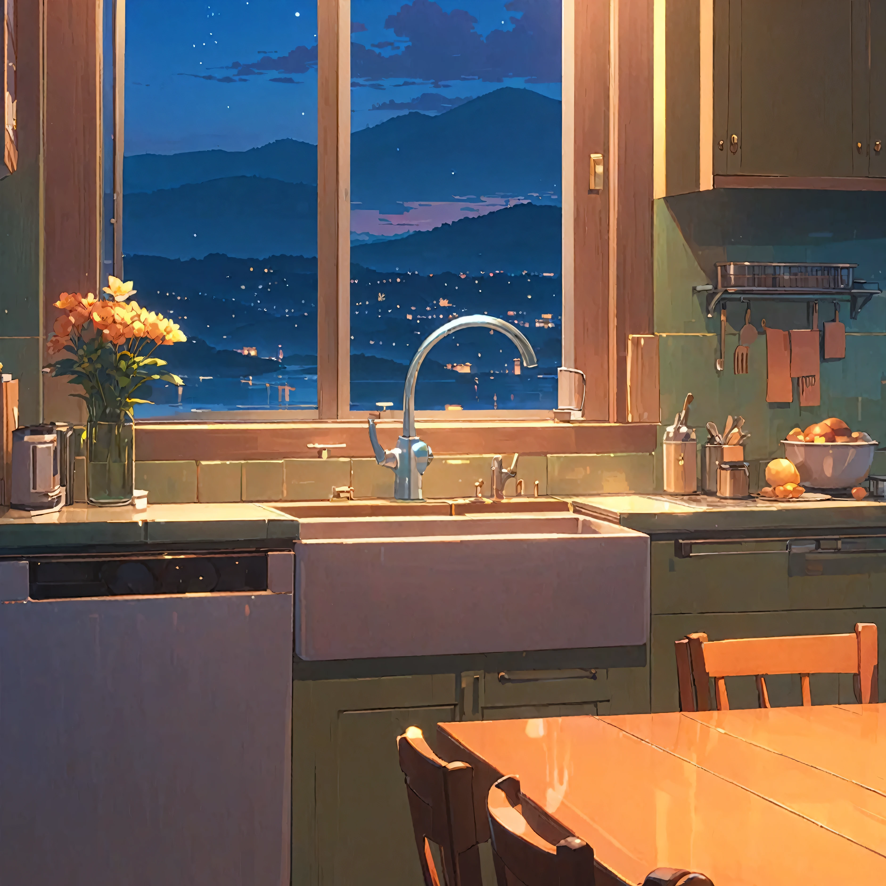 Es gibt eine Küche，Es gibt einen Tisch und ein Waschbecken drinnen., Anime-Hintergrundkunst, schöne Anime-Szene, Mit Artest Guerin (atey ghailan) Stil, detaillierte Landschaft — Breite 672, tolle Tapeten, Inspiriert von Artie Guerin, lofi artStil, Artie Guerin 8K, Xin Haicheng Stil, schöne ästhetische Kunst, Detailliertes 4K