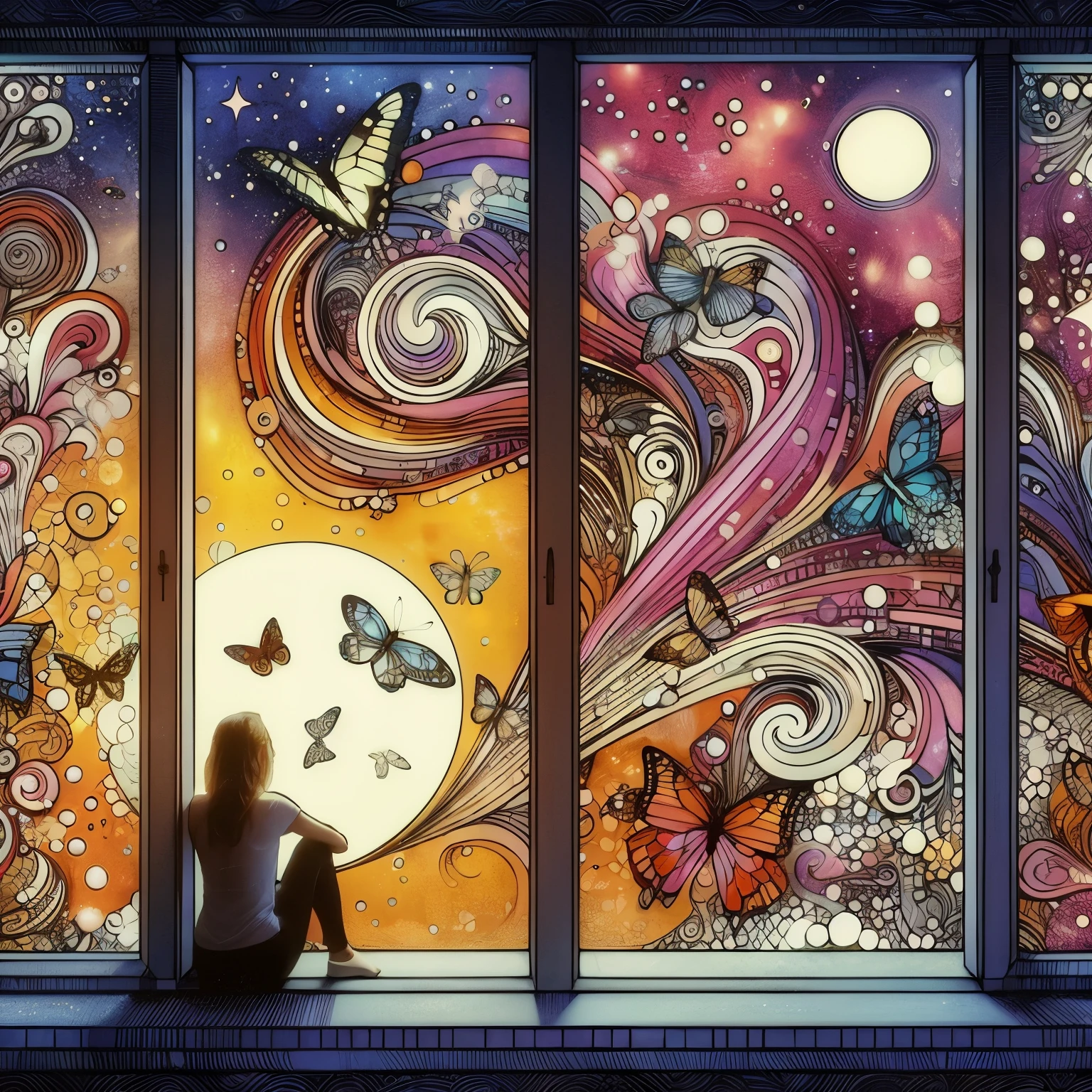  Um gatinho banhado pelo luar olha para uma borboleta vaga-lume brilhante, vista lateral, ele olha para cima, ((magia brilhante, fumaça mágica e vaga-lumes o cercam)) e pequenas borboletas dançam ao seu redor, na janela de uma casa de aldeia, a mágico night, Excêntrico, Sonhadores, fabuloso, anatomia perfeita, composição perfeita, ((proporção áurea)) arte MSchiffer, Gabriele Dell&#39;otto, Modelo de IA no meio da jornada, olhando pela janela, Borboleta mágica Ilustração minimalista de tatuagem neotradicional com caneta e tinta que combina os estilos de Gustav Klimt e Alphonse Mucha e Jean Giroud em um filme de Akira Kurosawa retratando um viajante astral, lágrimas da meia-noite, um redemoinho de borboletas, incandescent, audacioso, vibrante, Excêntrico, incomum, estranho, esquisito, estilo surrealista de tirar o fôlego, fantástico, mágico, Inesperado, Super Detalhe, Sonhadores lo-fi photography, colorida, Sonhadores vibe, arte abstrata, cinematic, realismo épico,8K, altamente detalhado. Criado com Dream AI,