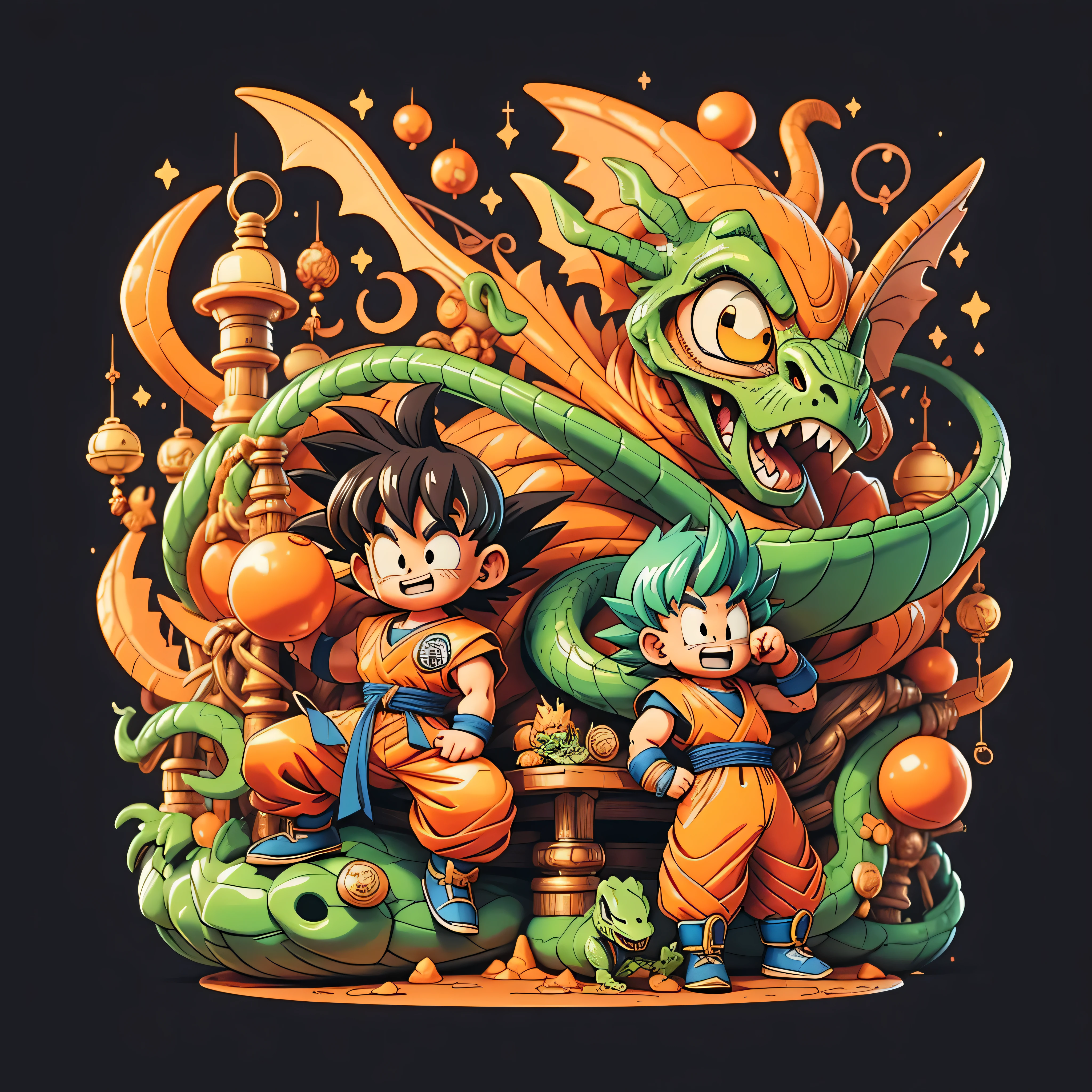 ((Dragon Ball dragon and Son Goku:Dragon Ball)),Dynamic pose,palo ruyi,dux,glad,parece estar glad,enthusiastic,palpitations,dreams expand,toriyama akira&#39;Pintar estilo,illustration elements,representation,Appreciate the texture,be familiar with,dreamlike,calm colors,rich colors,retro,steampunk element,​masterpiece,Louder​masterpiece,comely,Louder,comely,Dragon BallZ,fractal art elements,a bit,logo:Dragon Ball,comely background,Louder&#39;s composition,Dynamic,dreams and adventures,dragon,Dinosaur,Ride a Dragon,Chico