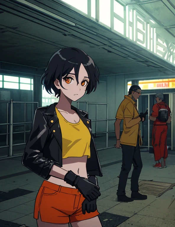 score_9, score_8_up, score_7_up, score_6_up, score_5_up, score_4_up
reiko, black leather jacket, orange tank-top, midriff, gloves, black short-shorts, street race,bokeh effect,rich color saturation,on a post-apocalyptic deserted train station,film grain texture,analog photography aesthetic,visual storytelling,dynamic composition,looking at viewer,eye contact